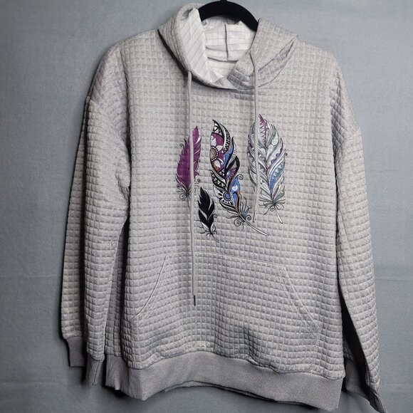 Casual Knit Hoodie Feather Print Long Sleeve Drawstring Pocket Size L Gray - Picture 1 of 4